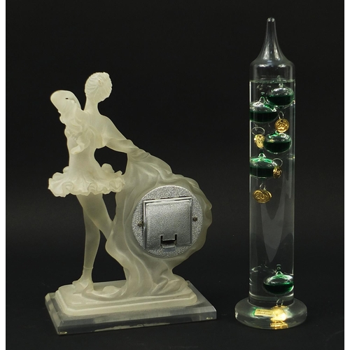 1014 - Frosted ballerina mantle clock and a Galileo thermometer, the largest 34cm high