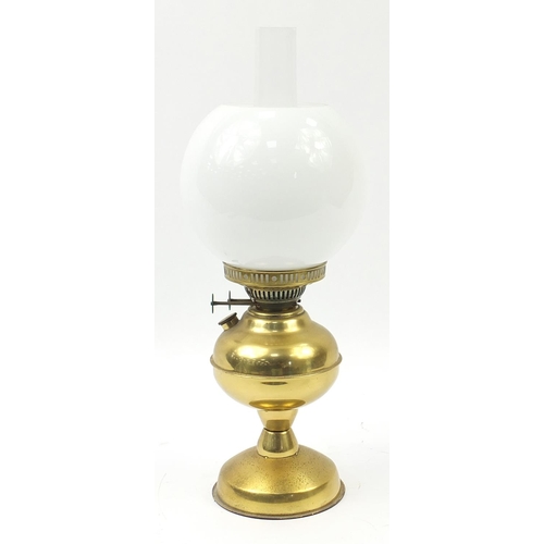 1008 - Victorian brass oil lamp with glass shade, 48cm high