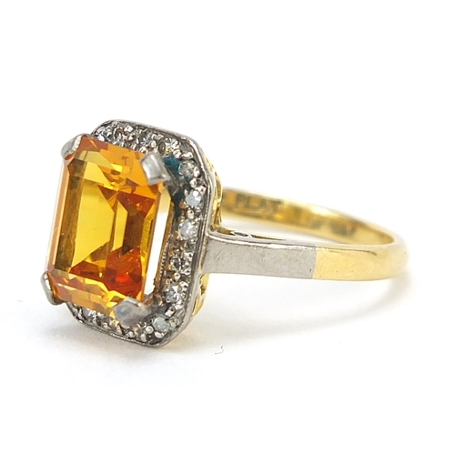 859 - 18ct gold orange stone and diamond ring, (tests as sapphire) size O, 4.6g