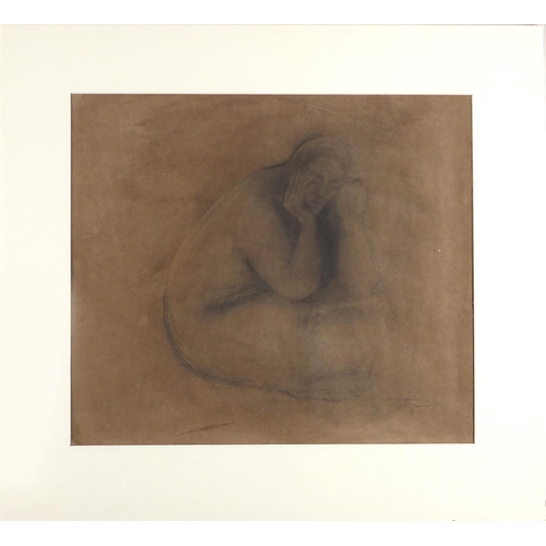 681 - Francisco Zuniga - Nude study, pencil, mounted and housed in a Perspex case, 56cm x 49cm excluding t... 