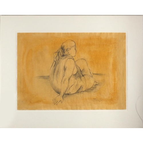 679 - Francisco Zuniga - Nude study, pencil, mounted and housed in a Perspex case, 70cm x 50cm excluding t... 