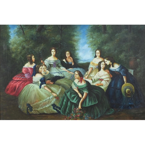 1873 - Females in Victorian dress, oil on canvas, framed, 91cm x 59cm excluding the frame