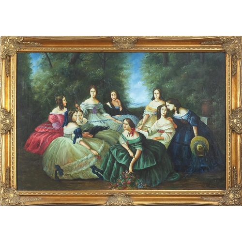 1873 - Females in Victorian dress, oil on canvas, framed, 91cm x 59cm excluding the frame