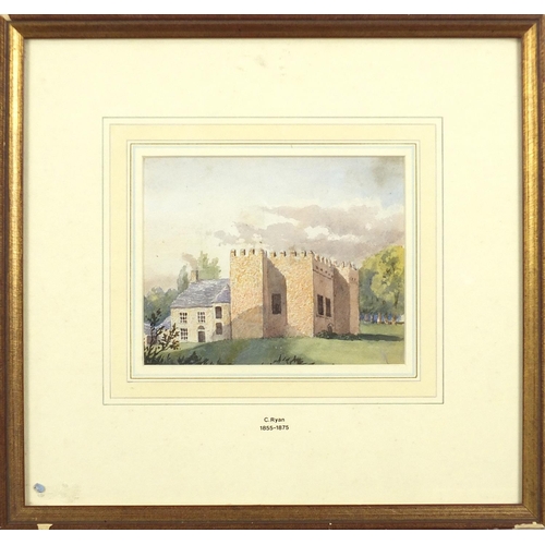 1791 - C Ryan - Ballyfermot Castle, watercolour, mounted, framed and glazed, 15.5cm x 12.5cm excluding the ... 