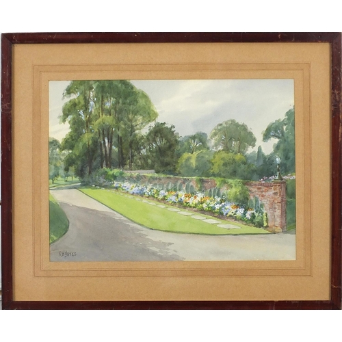 839 - R H Yates - Garden border before a stately home, signed watercolour, mounted, framed and glazed, 27.... 