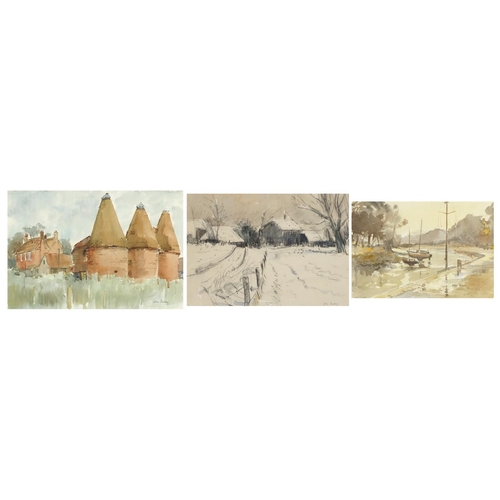 2130 - John Powley - Buildings and boats, three mixed medias, mounted, two framed and glazed, the largest 3... 