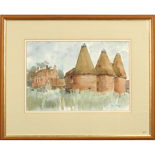 2130 - John Powley - Buildings and boats, three mixed medias, mounted, two framed and glazed, the largest 3... 