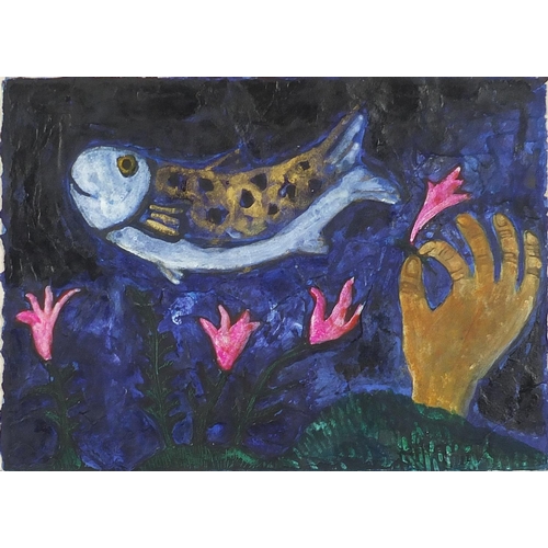 909 - Sara Wicks - Two mixed media including Serene Fish, mounted, framed and glazed, the largest 41.5cm x... 