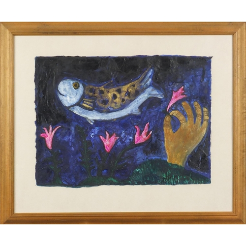 909 - Sara Wicks - Two mixed media including Serene Fish, mounted, framed and glazed, the largest 41.5cm x... 