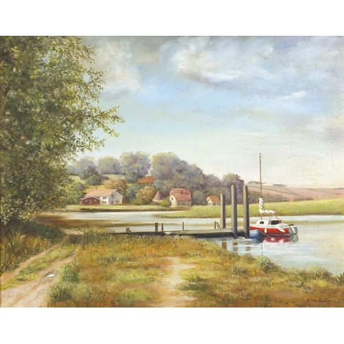 514 - Nina Sexton - Moored at Fiddinghoe and Huntsmen in woodland, two oil on canvasses, the largest 50cm ... 