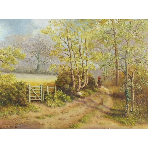 514 - Nina Sexton - Moored at Fiddinghoe and Huntsmen in woodland, two oil on canvasses, the largest 50cm ... 