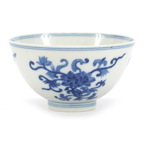 2108 - Chinese blue and white porcelain bowl hand painted with flowers, six figure character marks to the b... 