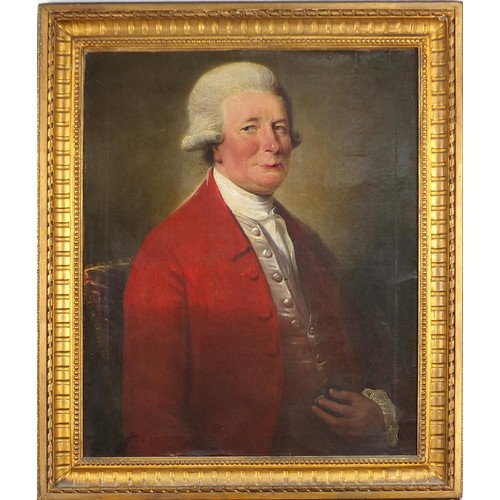 153 - Portrait of a gentleman wearing a red frock coat, late 18th century Old Master oil on canvas inscrib... 