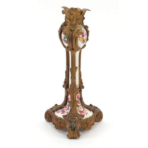 2552 - 19th century Ormolu ceramic lamp stand hand painted with flowers, 25cm high