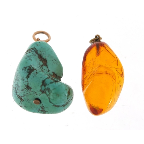 1820 - Two pendants comprising turquoise matrix and amber, 2.5cm and 3cm high, total 18.0g