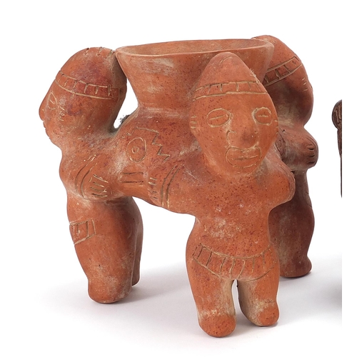 1927 - Peruvian terracotta pottery including a figural vase and figural candle holder, the largest 24cm in ... 