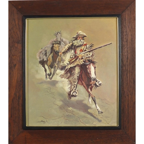 1793 - After Frank McCarthy - Figure on horseback with horses, oil on board, mounted and framed, 34.5cm x 2... 