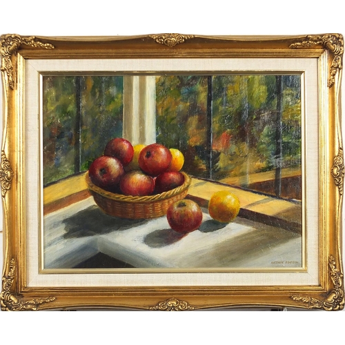 568 - Arthur Robson - Sunlit window, oil on board, mounted and framed, 39.5cm x 29cm excluding the mount a... 