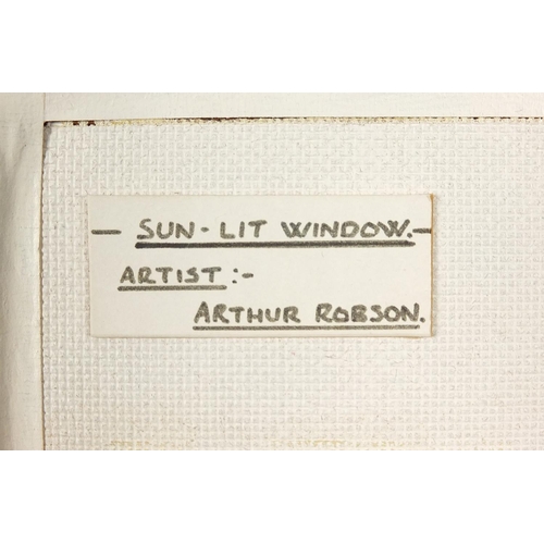 568 - Arthur Robson - Sunlit window, oil on board, mounted and framed, 39.5cm x 29cm excluding the mount a... 