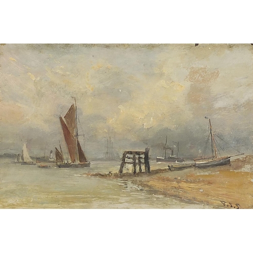 945 - Boats on water and beach scene, pair of oil on boards, each bearing an indistinct signature, possibl... 