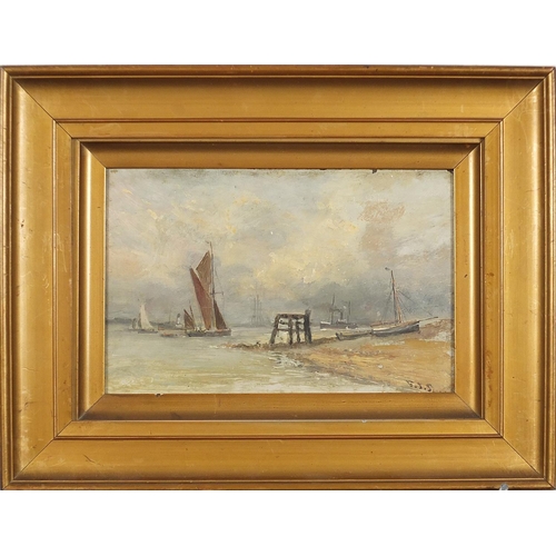 945 - Boats on water and beach scene, pair of oil on boards, each bearing an indistinct signature, possibl... 