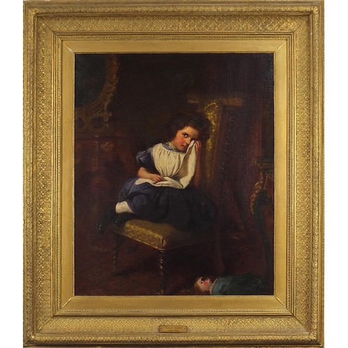 150 - Attributed to James Sant - Girl crying in an interior, late 19th century oil on canvas, mounted and ... 