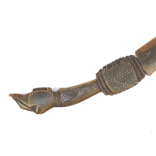 611 - Carved horn letter opener with dragon head handle and metal inlay, possibly rhinoceros, 38.5cm in le... 