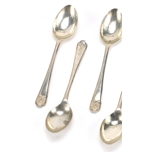 204 - Walker & Hall, set of six silver golfing interest teaspoons, Sheffield 1933, 11cm in length, 81.0g