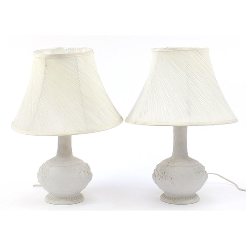 2095 - Pair of parian porcelain floral table lamps with silk lined shades, each 50cm high