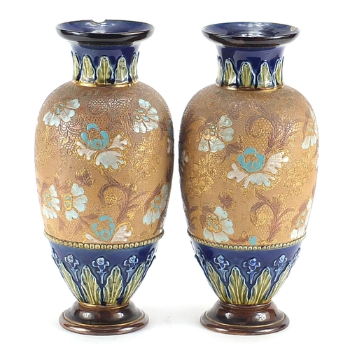 1829 - Large pair of Doulton Lambeth stoneware vases hand painted with flowers, each 31cm high