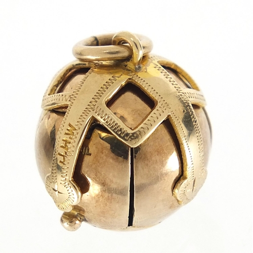 393 - 9ct gold cased silver folding masonic ball pendant, 5cm high when open, 12.4g