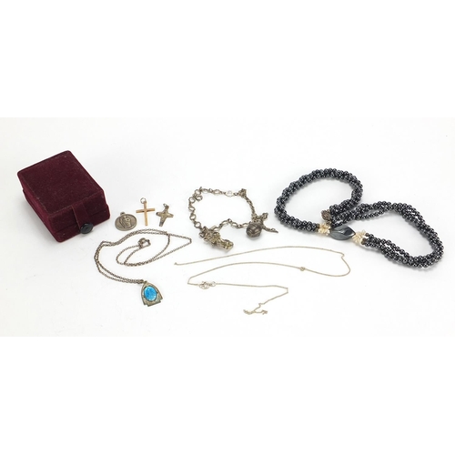 2072 - Vintage and later jewellery including 9ct gold cross pendant 1.4g, silver charm bracelet and enamell... 