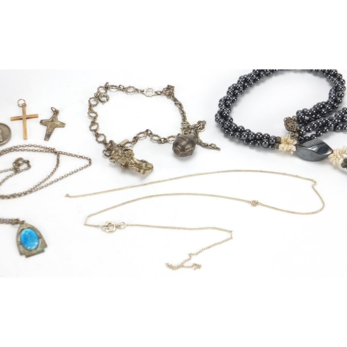 2072 - Vintage and later jewellery including 9ct gold cross pendant 1.4g, silver charm bracelet and enamell... 