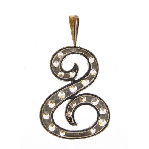 564 - Unmarked white metal initial S pendant set with clear stones, 3cm high, 2.7g