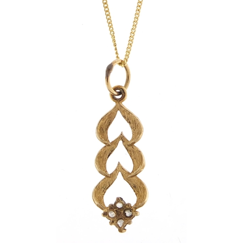 591 - 9ct gold clear stone pendant on a 9ct gold necklace, 2.5cm high and 44cm in length, total 1.3g