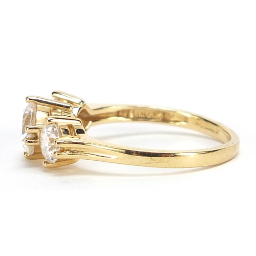 734 - 14ct gold cubic zirconia trilogy ring, size N, 2.8g