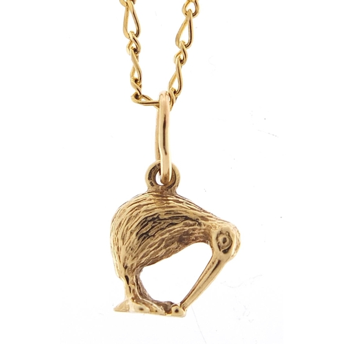 855 - 9ct gold Australian Kiwi pendant charm on a 9ct gold necklace, 1.5cm high and 42cm in length, total ... 