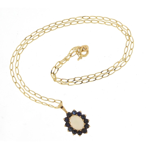 771 - Gold coloured metal opal and sapphire pendant on a 9ct gold necklace, 1.8cm high and 38cm in length,... 