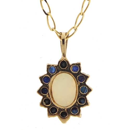 771 - Gold coloured metal opal and sapphire pendant on a 9ct gold necklace, 1.8cm high and 38cm in length,... 