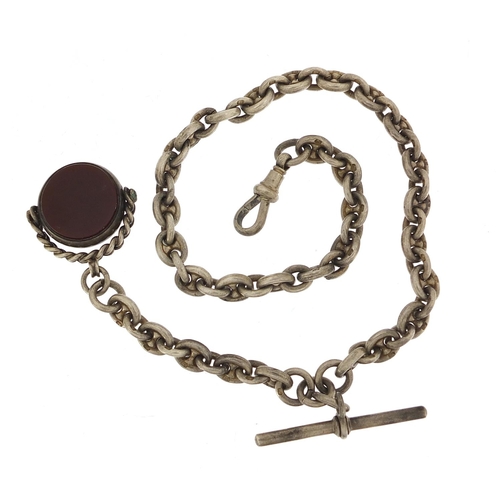 2069 - Silver watch chain with T bar and bloodstone and carnelian spinner fob, 32cm in length, 54.0g