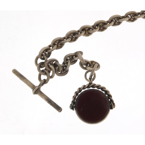 2069 - Silver watch chain with T bar and bloodstone and carnelian spinner fob, 32cm in length, 54.0g