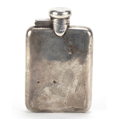 310 - A & J Zimmerman Ltd, George V silver hip flask with bayonet fitting lid, Birmingham 1924, 11cm high,... 