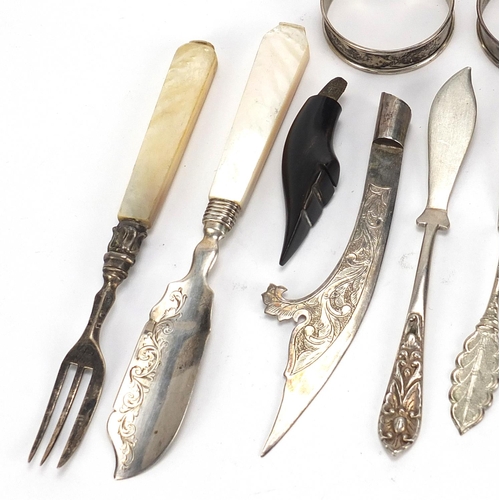 557 - Antique and later silver and white metal objects including Victorian fish knife and fork with mother... 