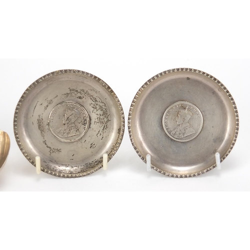 556 - Three Indian silver one rupee coin set dishes comprising 1901, 1917 and 1917, the largest 8.5cm in d... 