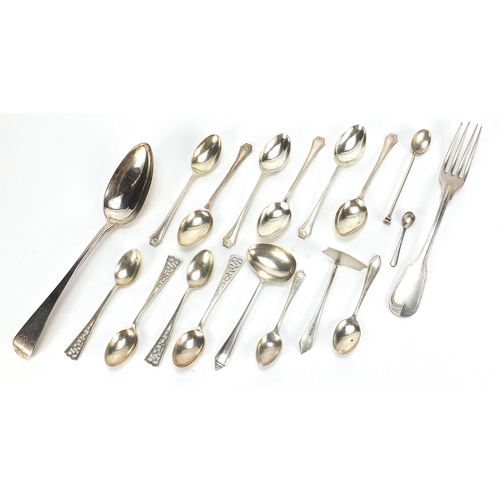 44 - Georgian and later silver flatware including 1810 tablespoon, set of six teaspoons by Wilmot Manufac... 