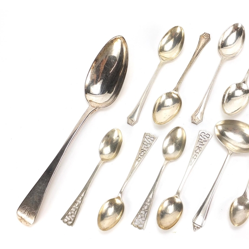 44 - Georgian and later silver flatware including 1810 tablespoon, set of six teaspoons by Wilmot Manufac... 