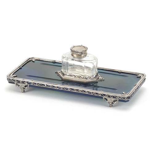 171 - George Fox, Edward VII silver mounted blue agate desk stand with cut glass inkwell and pen rests, Lo... 