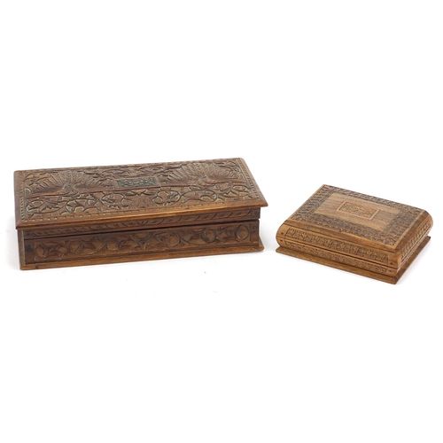 1896 - Two Indian hardwood boxes including one finely carved with two birds amongst flowers, the largest 24... 