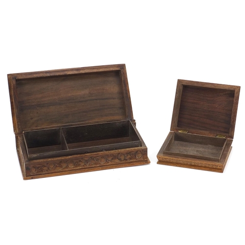 1896 - Two Indian hardwood boxes including one finely carved with two birds amongst flowers, the largest 24... 