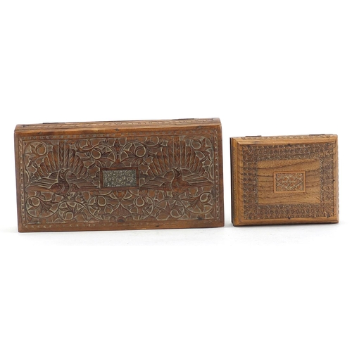 1896 - Two Indian hardwood boxes including one finely carved with two birds amongst flowers, the largest 24... 